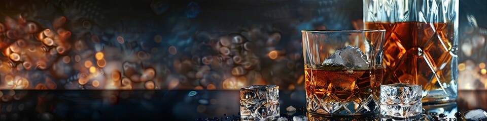 Wall Mural - A glass and bottle of whiskey with an ice cube on a black bar background. copy space. luxury drink concept. 