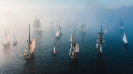 Sailing ship in sea water in heavy fog.