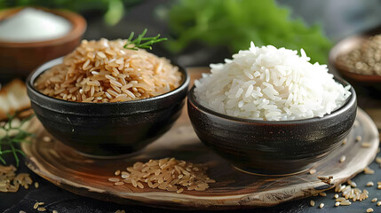 Poster - White rice flour and brown rice in wooden bowl 