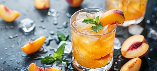 A refreshing Peach Bourbon Smash cocktail with ice cubes and mint in a glass. 