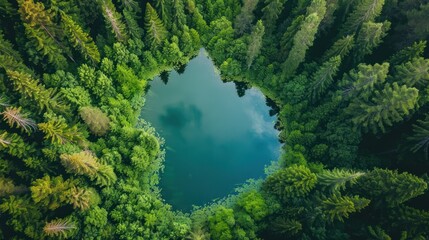 Wall Mural - Aerial View of a Circular Lake Surrounded by Lush Forest