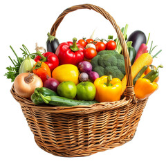 Wall Mural - A wicker basket overflowing with an assortment of vibrant organic vegetables and fruits, isolated on a transparent background