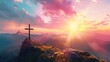 © somneuk - Silhouettes of crucifix symbol on top mountain with bright sunbeam on the colorful sky background