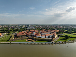 Wall Mural - Croatia, Osijek, Eszék - Aerial view of Drava river and Tvrdja old town in city of Osijek with famous castle