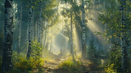 Wall Mural - Sunbeams Filtering Through a Birch Forest