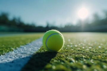 Canvas Print - low angle view of a tennis ball on a white line of a tennis court on a sunny day