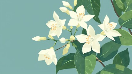   A white bouquet of flowers on a tree's branch against lush greenery and a clear blue sky as the backdrop