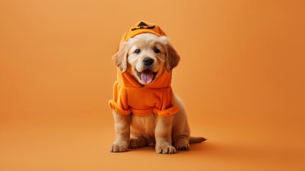 A Golden Retriever puppy sits on an orange background, wearing an orange hoodie with a black design on the hood. The puppy looks directly at the camera with its tongue sticking out