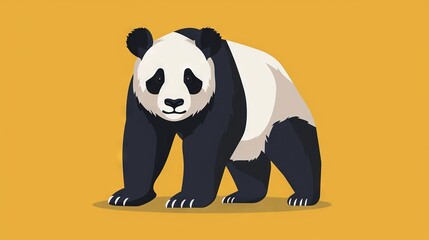 Poster -   Black and white panda on yellow background with another panda on its head