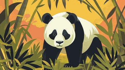 Wall Mural -   A panda bear stands amidst a lush green forest, surrounded by towering bamboo trees, and bathed in an orange sky