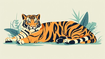 Wall Mural -   A photo of a tiger reclining in tall grass with foliage adorning the edge and a plant in the backdrop