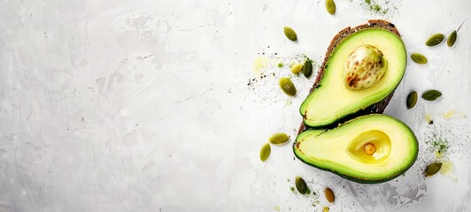 Wall Mural - Avocado toast for breakfast or lunch with rye bread and pumpkin seeds. Vegetarian food. View from above. Copy space.