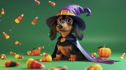 Wall Mural - A dachshund dog wearing a witch costume and hat is surrounded by candy corn on a green background