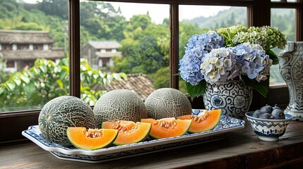 Wall Mural -   Watermelons on windowsill, hydrangeas in background