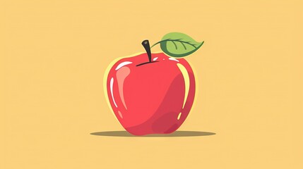 Wall Mural -   An illustration depicts a red apple adorned with a green leaf atop its stem against a yellow backdrop