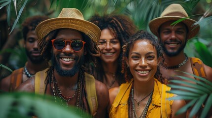 Wall Mural - Diverse Travelers Smiling In Lush Tropical Jungle