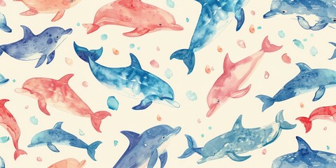 Watercolor Pattern of Pink and Blue Dolphins