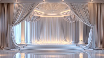 Wall Mural - An empty stage, white curtains on the background, a festive theater stage with columns.  3d.