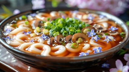   A bowl of noodles in broth, with blue flowers in the background