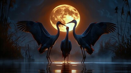 Poster -   Large birds stand on water body with full moon in backdrop