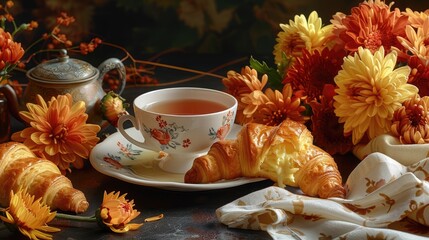 Wall Mural - Breakfast consisting of cheese filled croissants a cup of tea and chrysanthemums