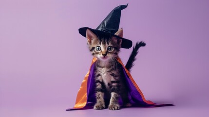 Wall Mural - A small kitten dressed in a witch costume for Halloween. It is wearing a black witchs hat and a purple and orange cape. The kitten is sitting on a purple background