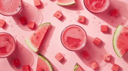 Wall Mural - Close-up of fresh watermelon juice or smoothie in glasses with watermelon pieces on a pink background. A refreshing summer drink.