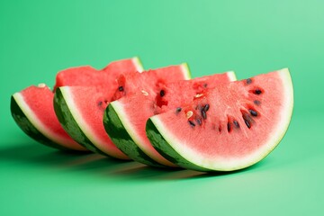 Arrangement of juicy watermelon slices with contrasting rinds, artistically displayed against a monochromatic green backdrop, emphasizing freshness and summer vibes