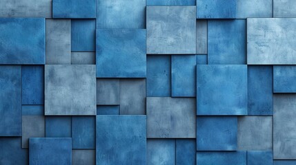 Wall Mural -   A detailed shot of a multicolored wall consisting of blue and grey blocks with diverse dimensions and forms