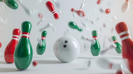 Skittles and bowling balls scattered across a white background