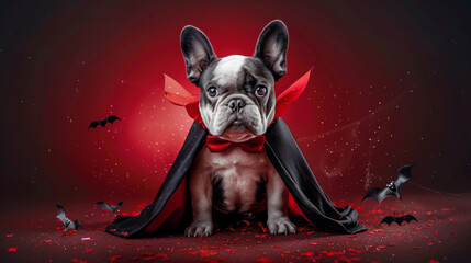 A French Bulldog dog is dressed in a vampire costume, with a black cape and red bowtie. It is sitting on a red background with bats flying around it