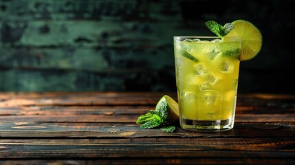 Wall Mural -   A glass of lemonade with a lime slice and mint leaves on the rim