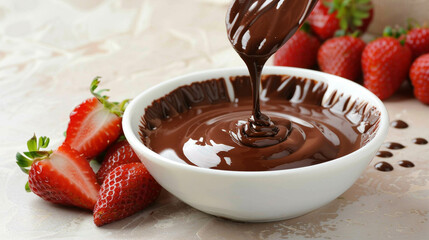 Wall Mural - Chocolate sauce on a white bowl and strawberries on a light beige background