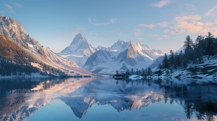  A tranquil scene featuring a lake with crystal clear reflections of the surrounding snow-capped mountains during sunrise