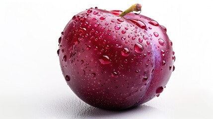   Close-up of a red apple with water droplets on its surface against a white backdrop