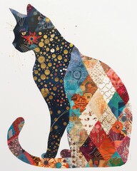 Sticker - Whimsical Cat Portrait with Quilted Patterns Generative AI