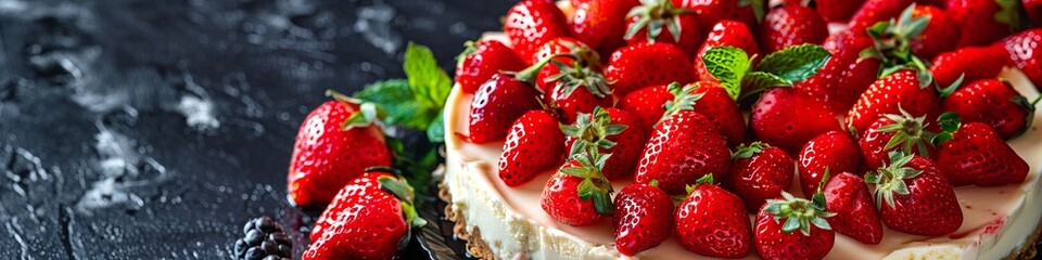 Wall Mural - Delicious cheesecake with fresh strawberries for dessert. healthy organic summer berry dessert cheesecake. Homemade cheese pie. 