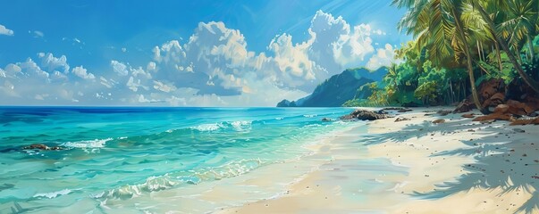 Tropical paradise with white sand beach, turquoise water, vibrant colors, photo realism