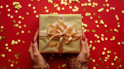 Wall Mural - woman with red nail polish and elegant golden sleeves holding a golden gift box with a beige ribbon 