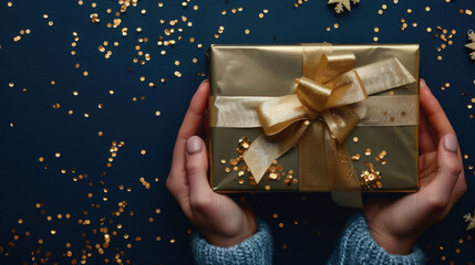 Wall Mural - woman holding a golden gift box with a golden ribbon on a blue background with golden confetti, perf