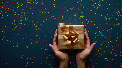 Wall Mural - woman holding a golden gift box with a ribbon on a blue background with colorful confetti, perfect f