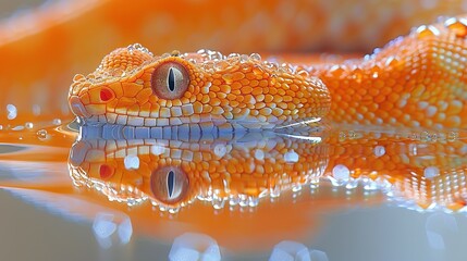 Wall Mural -   Close-up of orange snake head with water droplets on surface and reflection in water