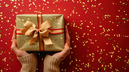 Wall Mural - Woman holding a golden gift box with red ribbon on a red background with golden confetti, perfect for christmas or birthday visuals