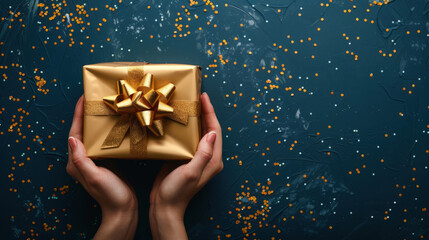 Wall Mural - woman holding a golden gift box with a ribbon on a blue background with golden confetti, perfect for