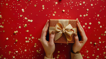 Wall Mural - woman holding a golden gift box with a ribbon on a red background with golden confetti