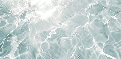 Abstract white water texture background with sunlight reflection and ripples on the clear transparent surface of a swimming pool or river, in the style of banner design. Top view.