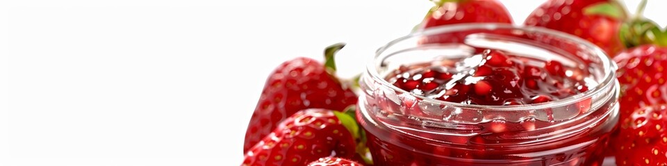 Wall Mural - Jar of strawberry jam on a white background. Homemade strawberry marmalade and fruit. banner. 