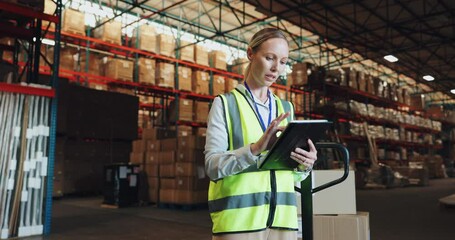 Poster - Logistics, tablet and woman with warehouse boxes for delivery, courier or inventory management. Industrial worker typing on digital software or cloud storage for supply chain or e commerce packaging