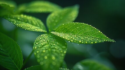 Wall Mural -   A high-resolution close-up photo of a lush green leaf with dewdrops on its surface, set against a softly blurred backdrop of nearby foliage adorn
