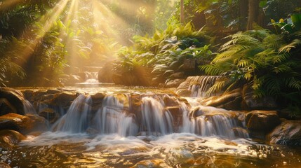 Canvas Print - Calm oasis with crystal streams over golden rocks and lush green surroundings